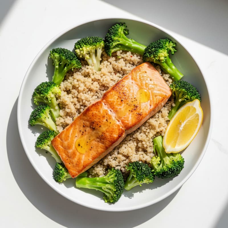 Seared Salmon with Steamed Broccoli and Quinoa