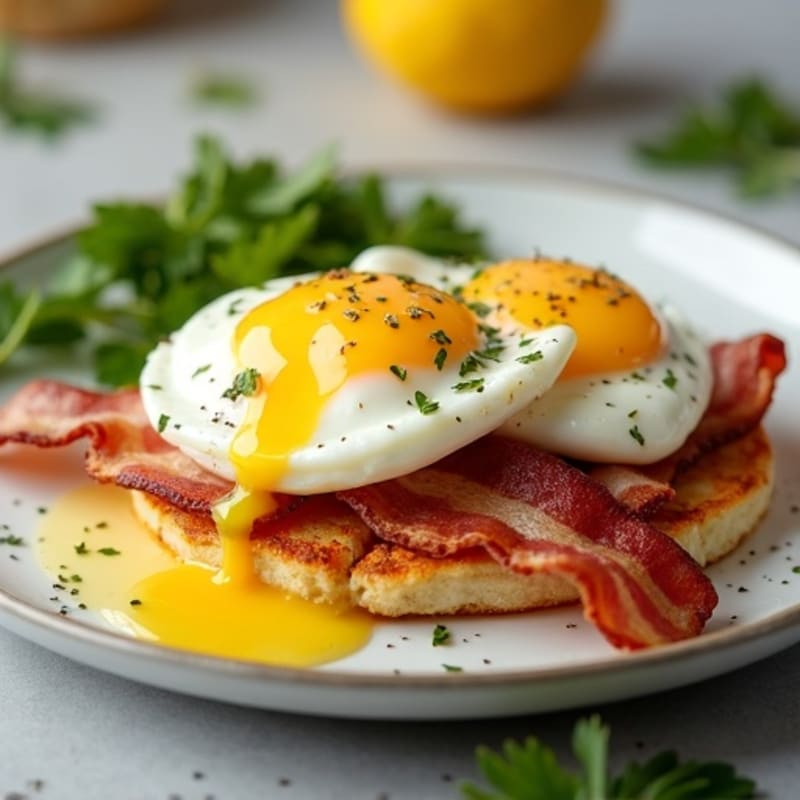 Poached Eggs with Crispy Turkey Bacon and Creamy Lemon Sauce