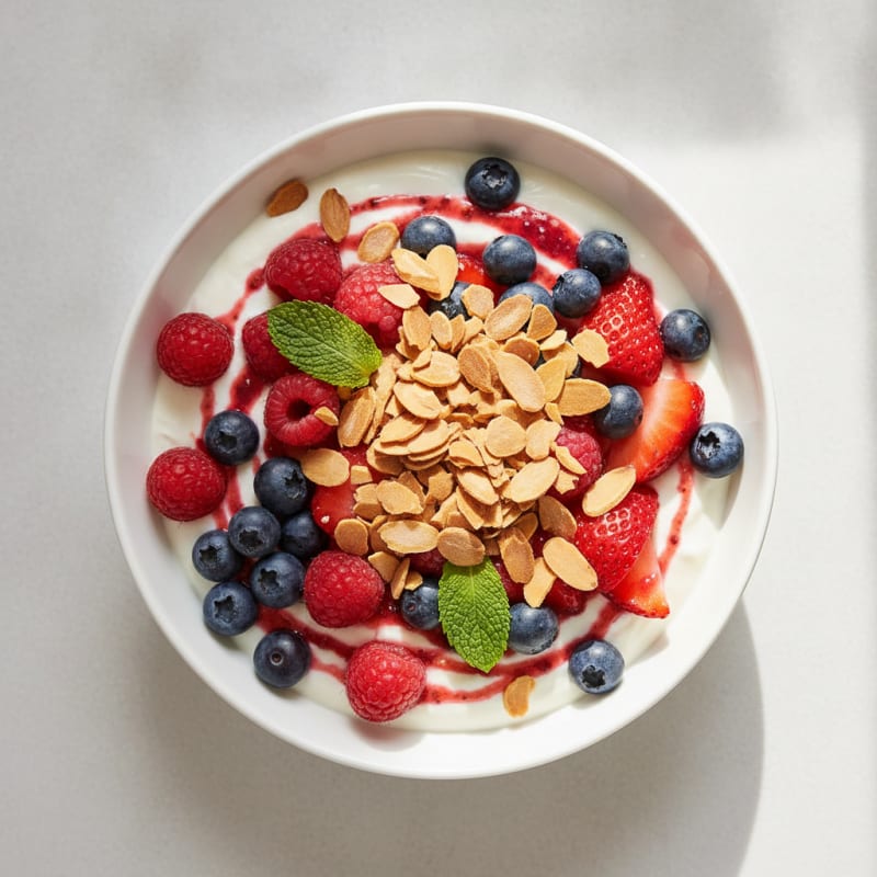 Greek Yogurt Protein Parfait with Mixed Berries and Almonds