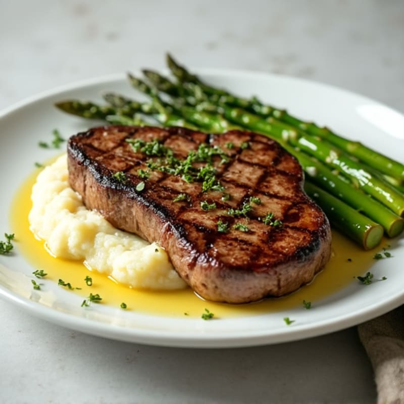 Pan-Seared Steak with Garlic Mashed Potatoes and Roasted Asparagus
