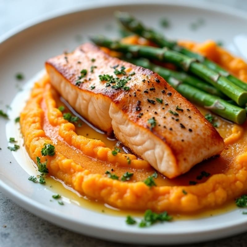 Seared Salmon with Roasted Asparagus and Sweet Potato Mash