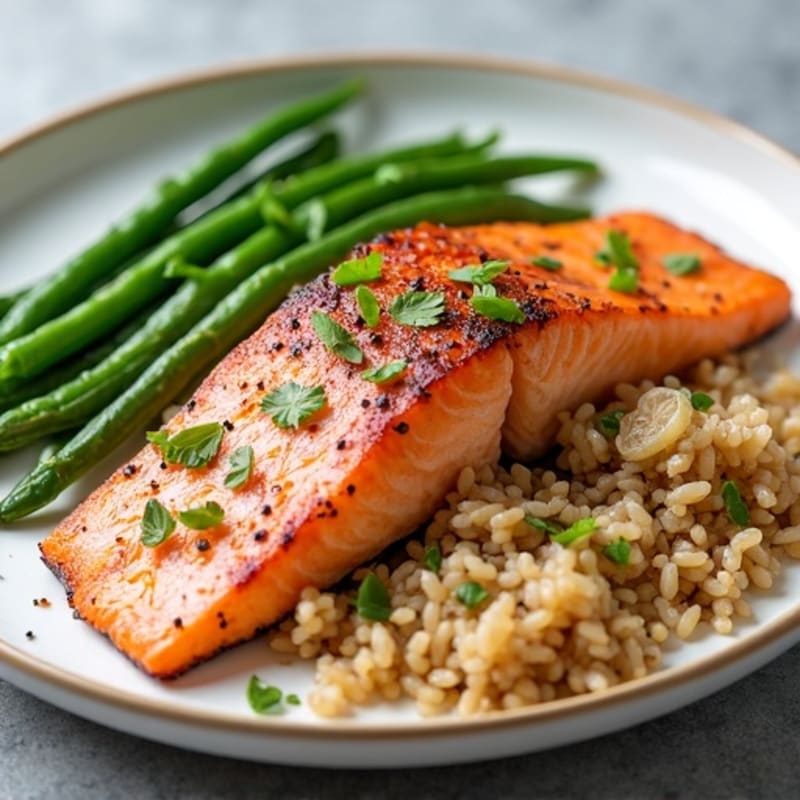 Seared Salmon Fillet with Garlic Green Beans and Brown Rice