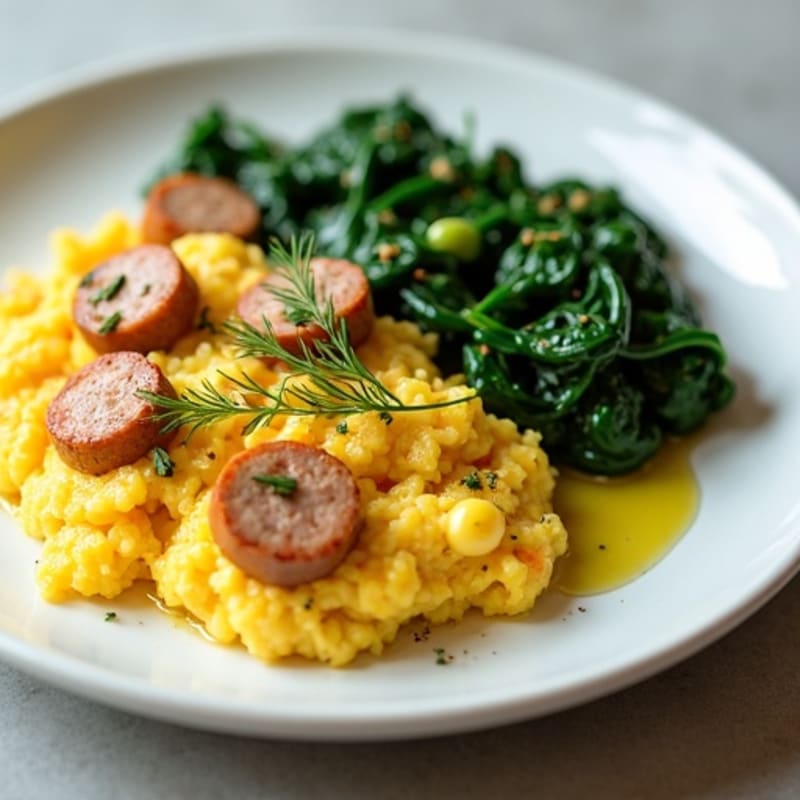 Quick Scrambled Eggs with Turkey Sausage and Sautéed Spinach