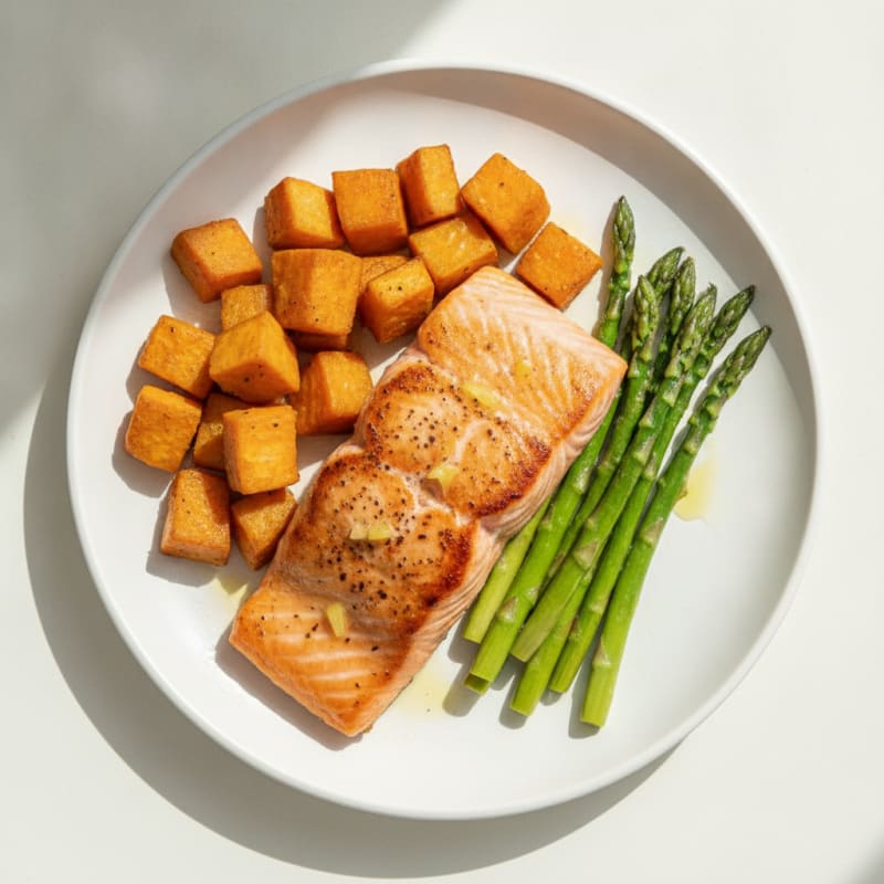 Seared Salmon with Roasted Sweet Potatoes and Asparagus