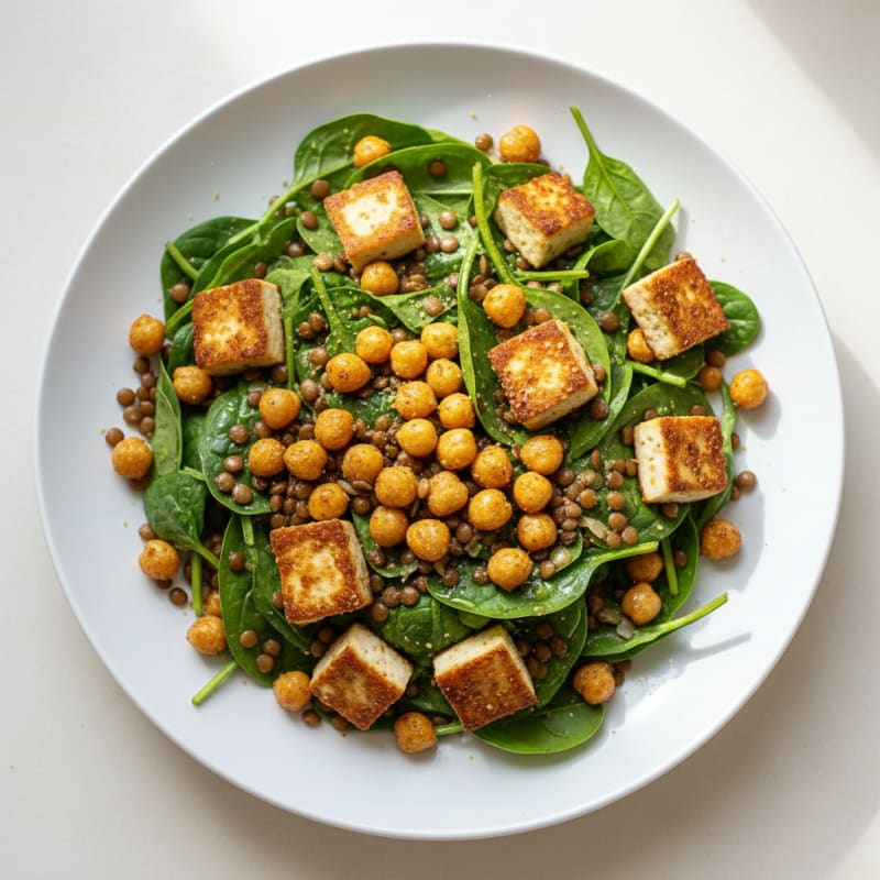 Crispy Tofu and Lentil Salad with Roasted Chickpeas