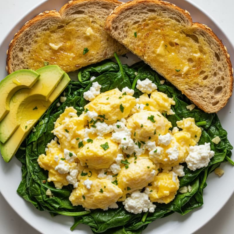 Scrambled Eggs with Cottage Cheese and Sautéed Spinach