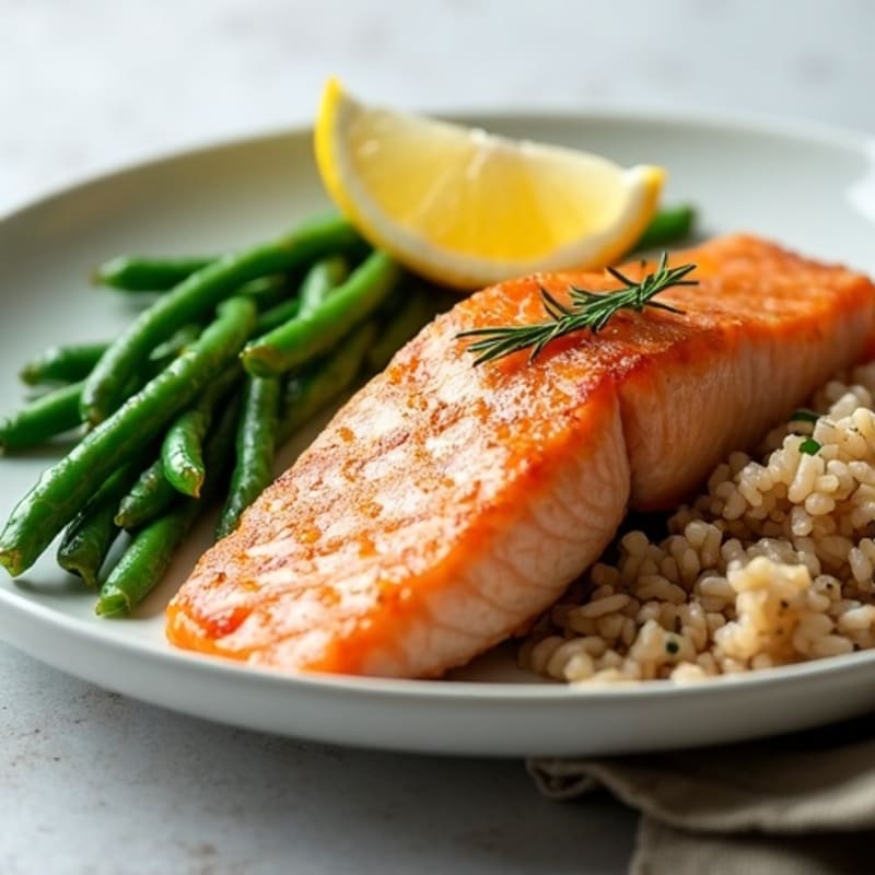 Seared Salmon Fillet with Steamed Green Beans and Brown Rice