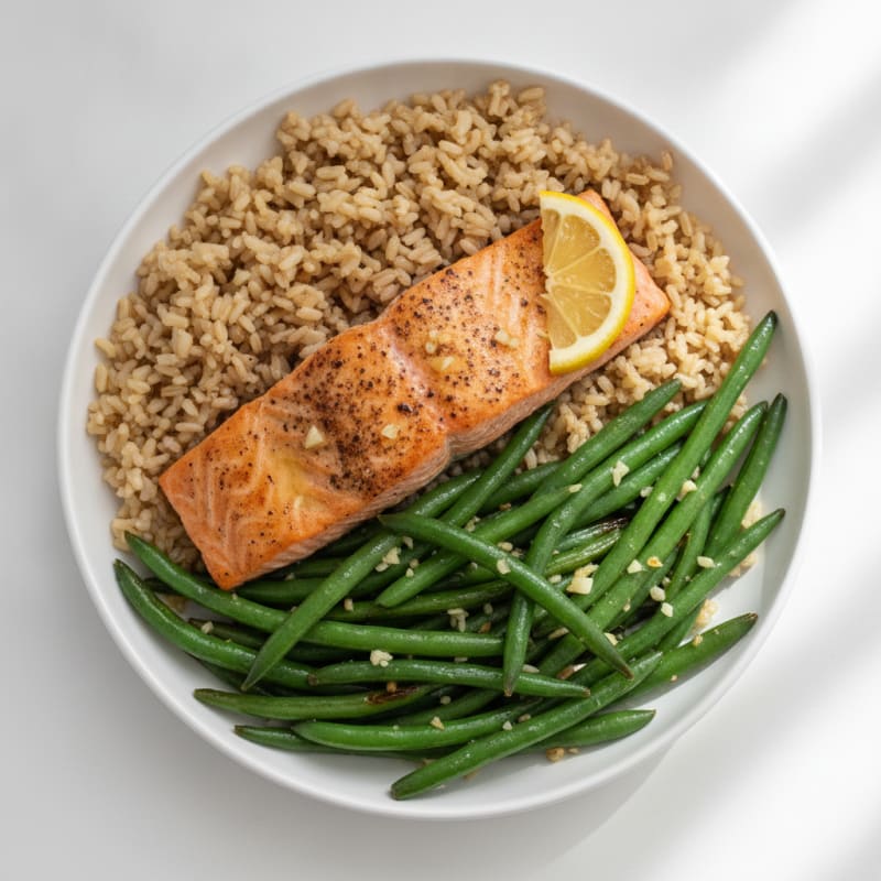 Seared Salmon with Garlic Green Beans and Brown Rice