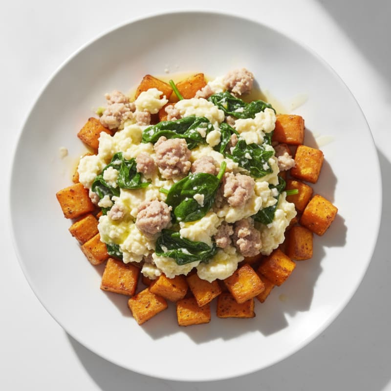 Egg White and Turkey Sausage Scramble with Roasted Sweet Potatoes