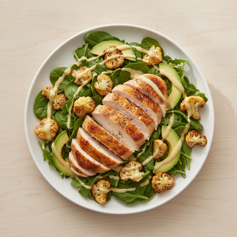 Roasted Chicken and Cauliflower with Mixed Greens