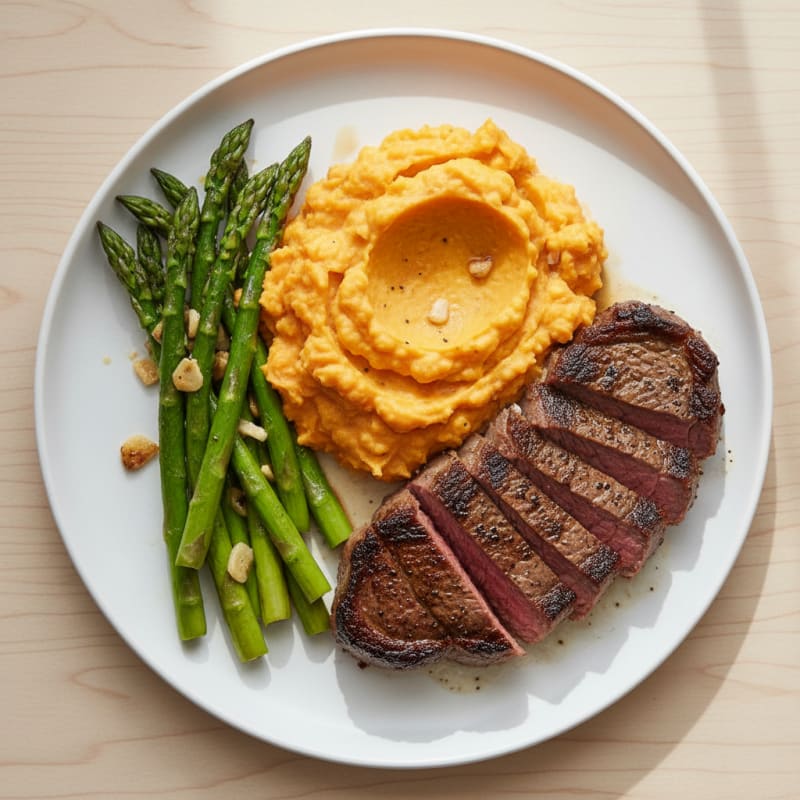 Seared Steak with Garlic Asparagus and Mashed Sweet Potatoes