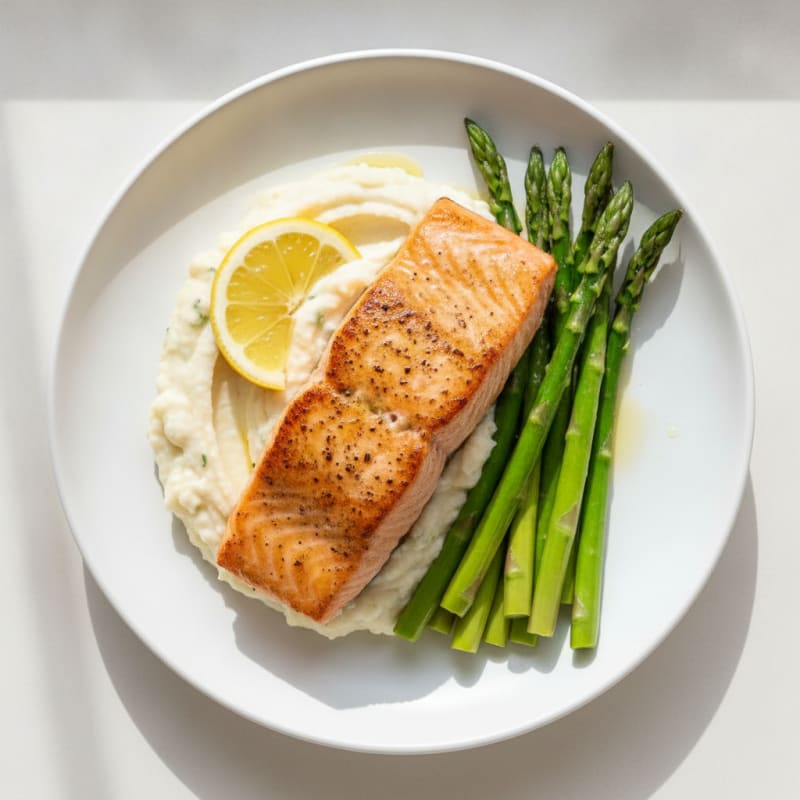 Seared Salmon with Steamed Asparagus and Cauliflower Mash