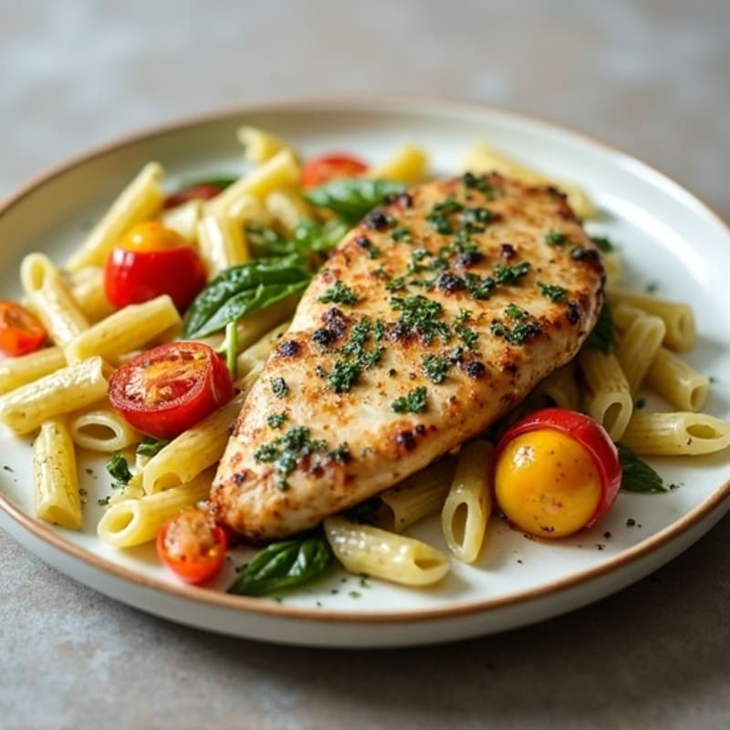 Chicken with Creamy Pesto Pasta and Roasted Vegetables