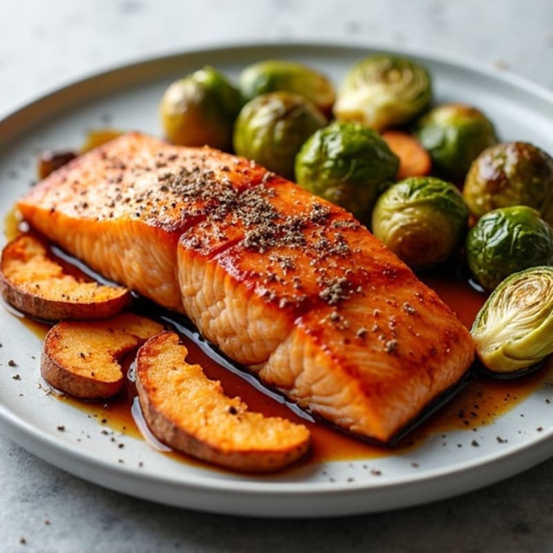 Maple-Glazed Salmon with Crispy Roasted Brussels Sprouts and Sweet Potatoes