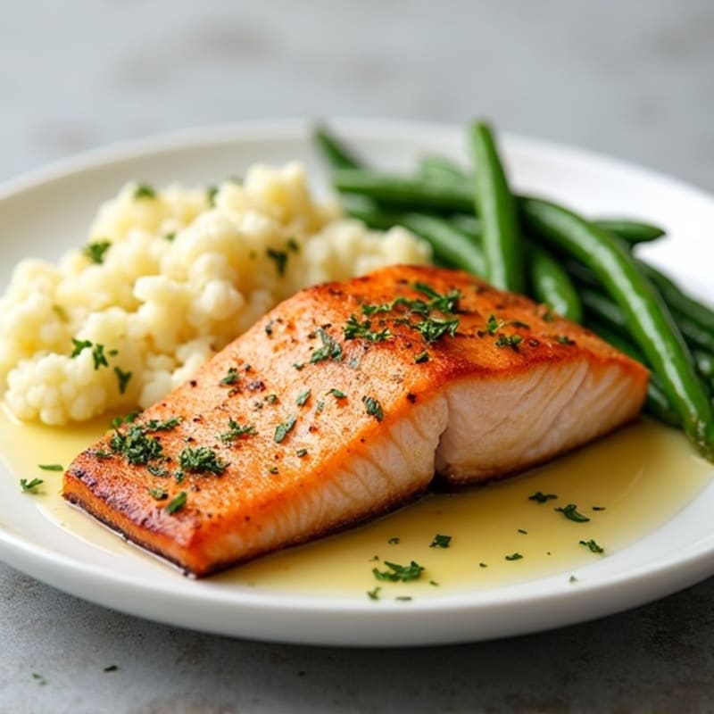 Seared Salmon with Steamed Green Beans and Garlic Mashed Cauliflower