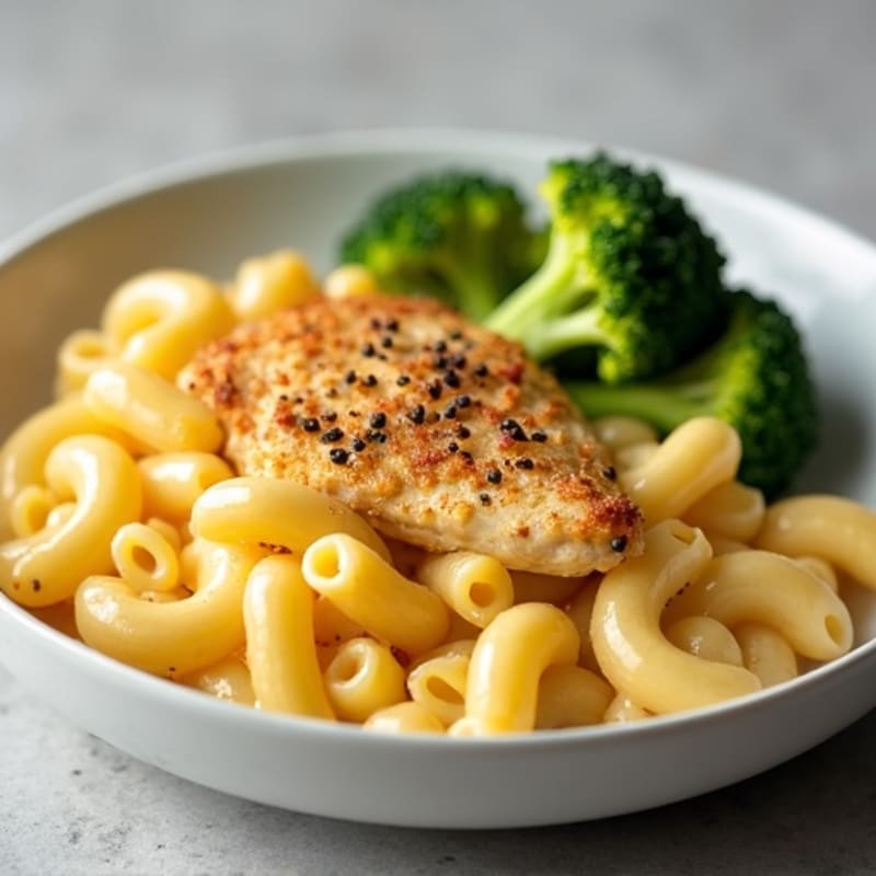 Creamy Baked Chicken Mac and Cheese with Roasted Broccoli