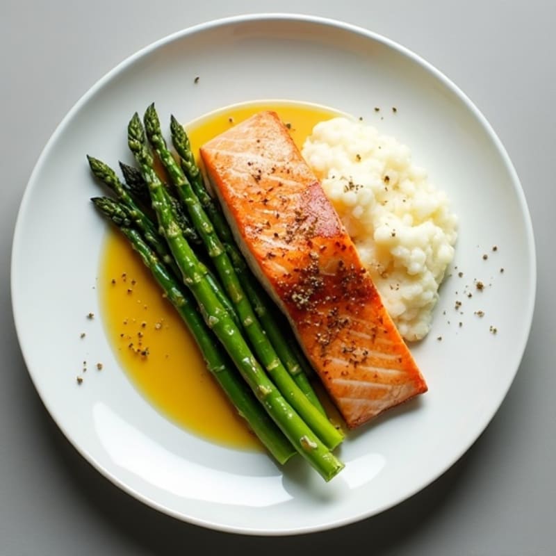 Seared Salmon Fillet with Steamed Asparagus and Cauliflower Mash