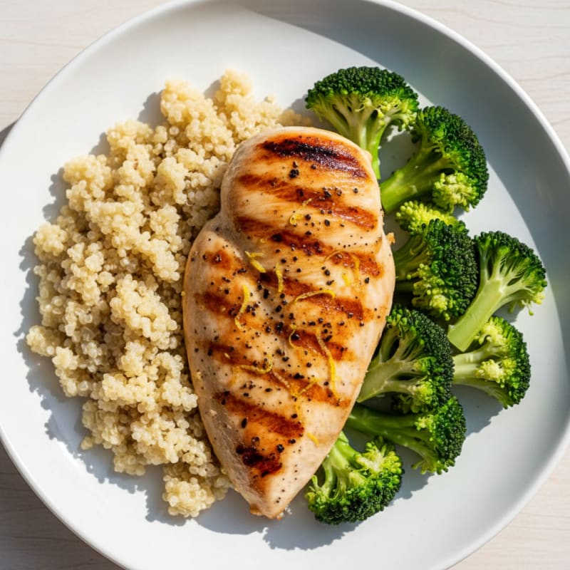 Grilled Lemon Pepper Chicken Breast with Quinoa and Steamed Broccoli