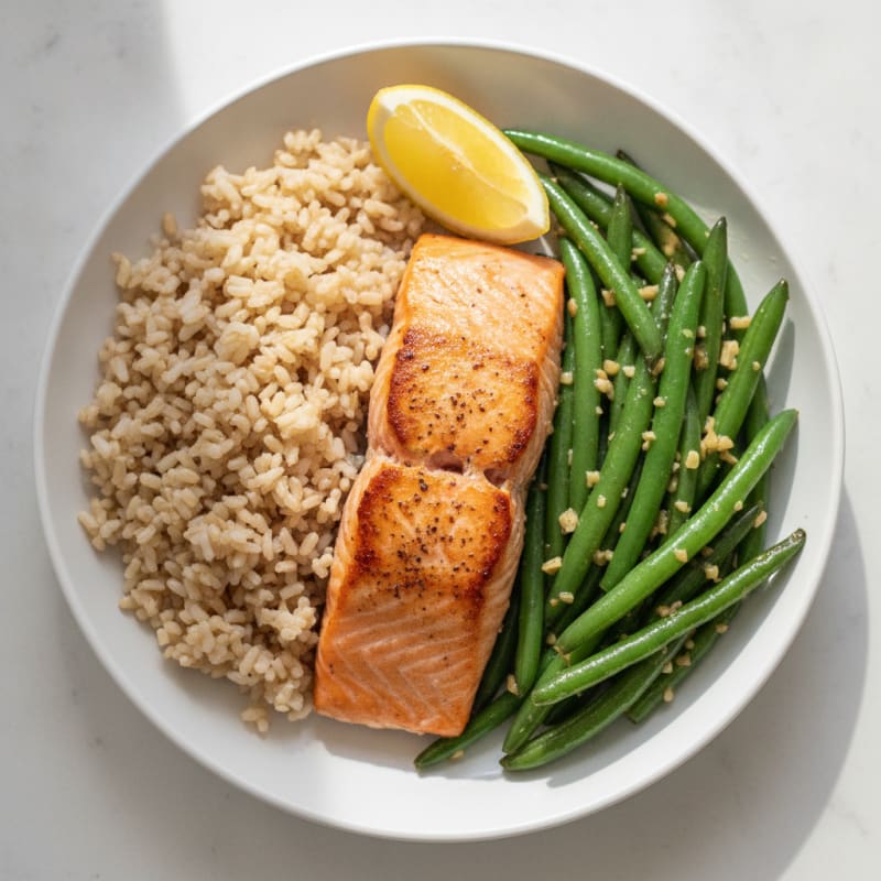 Seared Salmon Fillet with Garlic Green Beans and Brown Rice