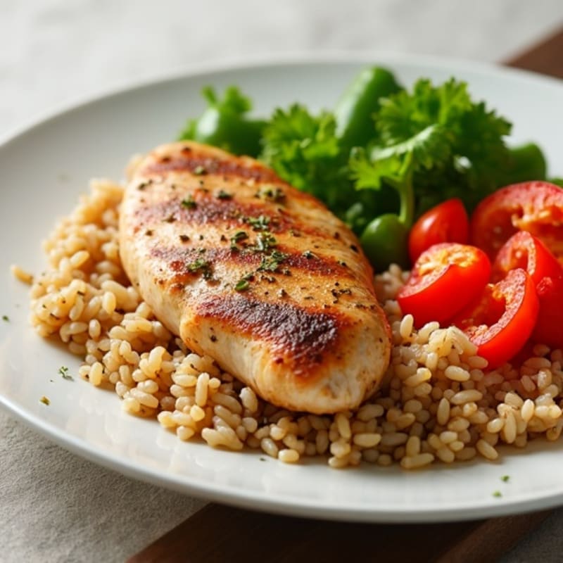 Herb-Spiced Chicken with Fluffy Brown Rice and Sautéed Bell Peppers