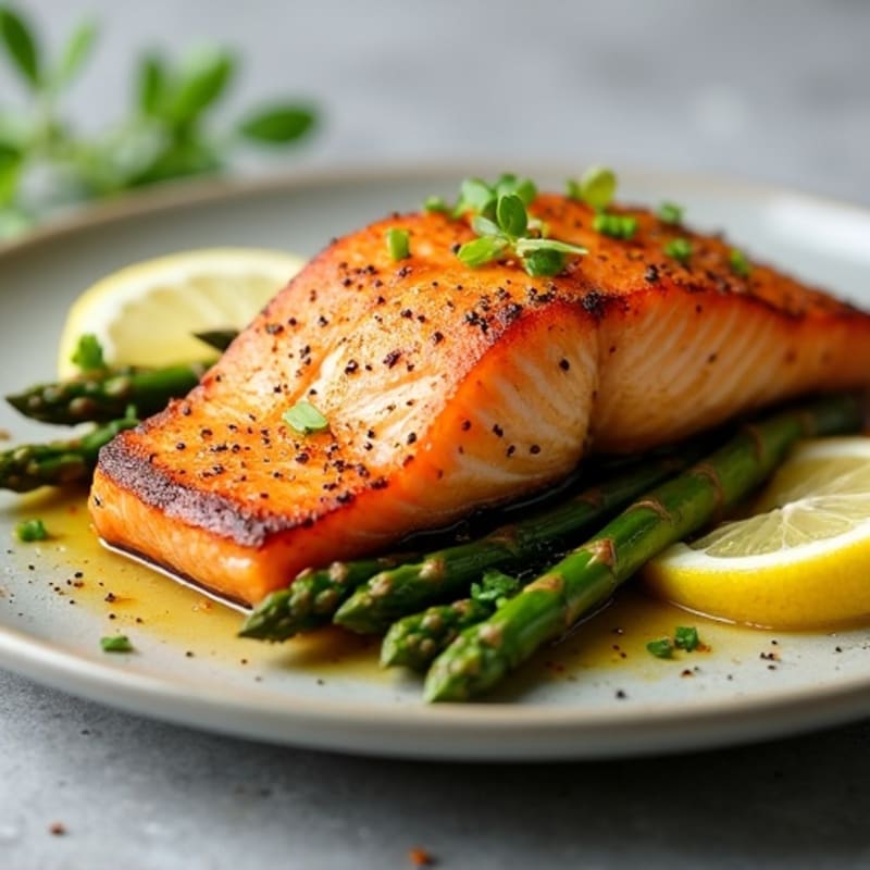 Crispy Pan-Seared Salmon with Roasted Asparagus and Lemon