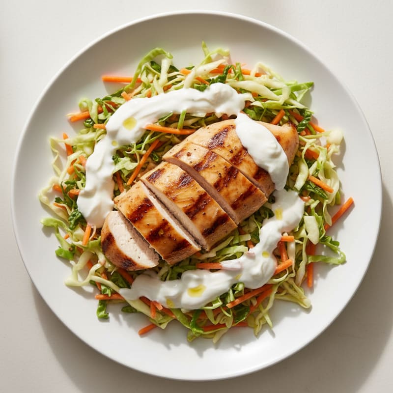 Grilled Chicken Breast with Crunchy Cabbage Slaw and Greek Yogurt Dressing