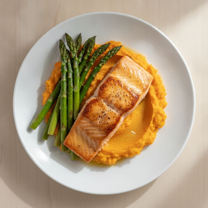 Seared Salmon Fillet with Roasted Asparagus and Sweet Potato Mash