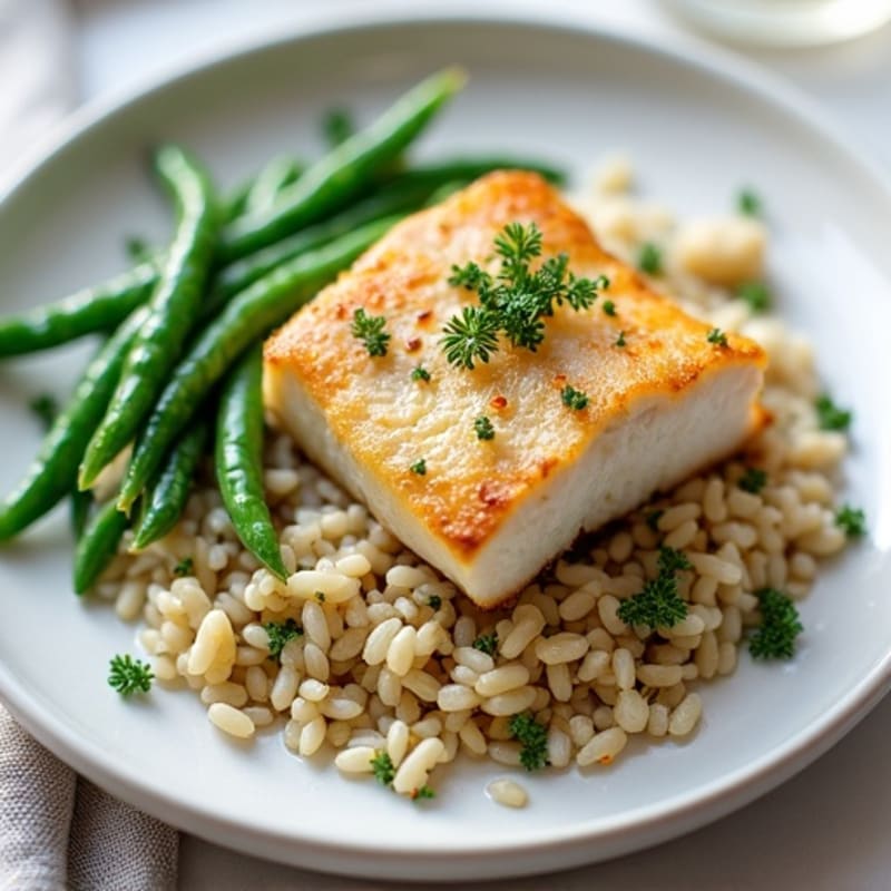 Seared Cod with Herbed Rice Pilaf and Sautéed Green Beans