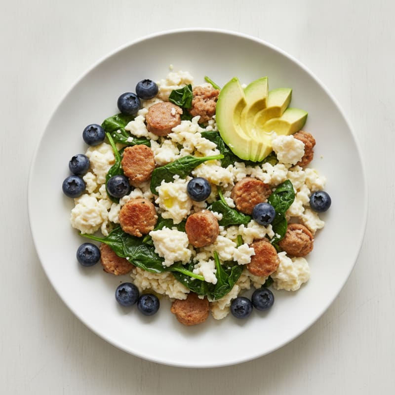 Egg White Scramble with Turkey Sausage and Sautéed Spinach