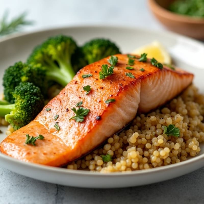 Pan-Seared Salmon with Roasted Broccoli and Garlic Quinoa