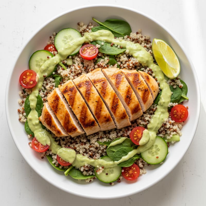Grilled Chicken and Quinoa Bowl with Creamy Avocado Dressing
