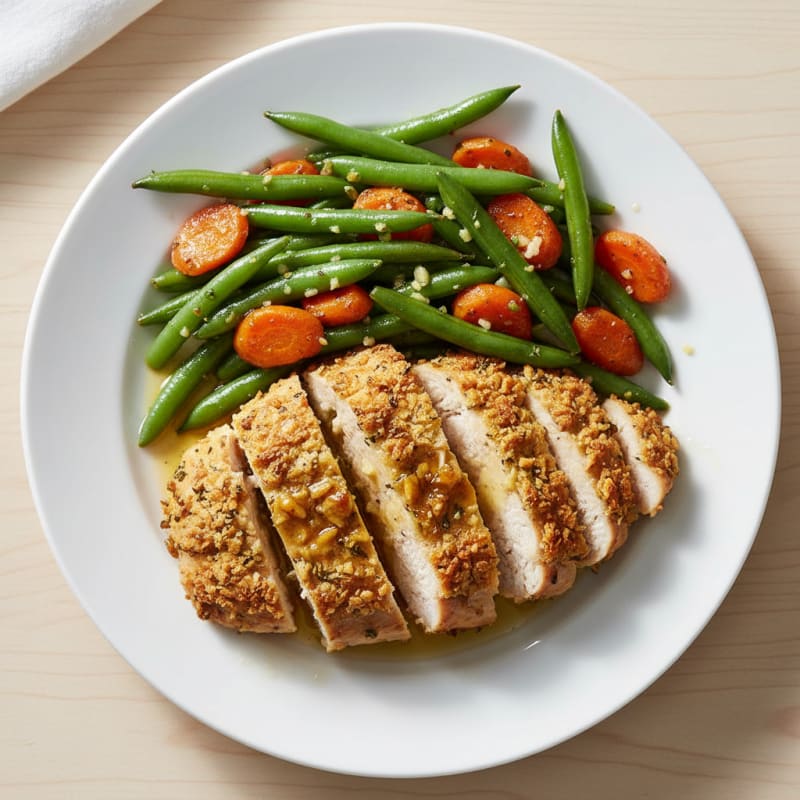 Crispy Baked Chicken Breast with Garlic Green Beans and Roasted Carrots
