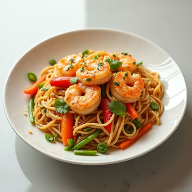 Shrimp Noodle Stir-Fry with Fresh Vegetables and Creamy Peanut Sauce