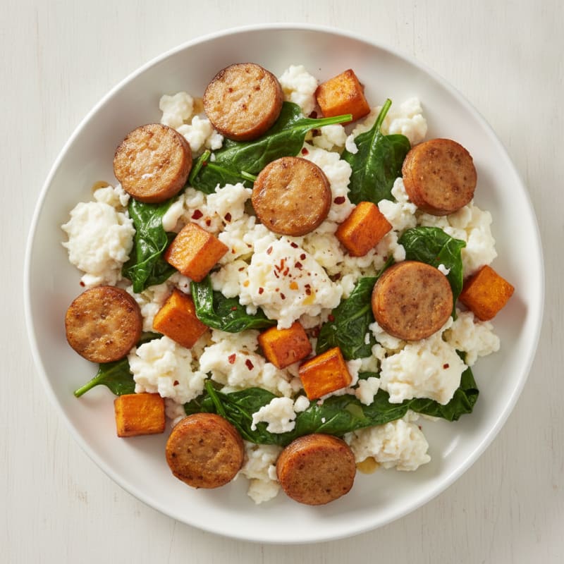 Egg White Scramble with Turkey Sausage and Sautéed Spinach
