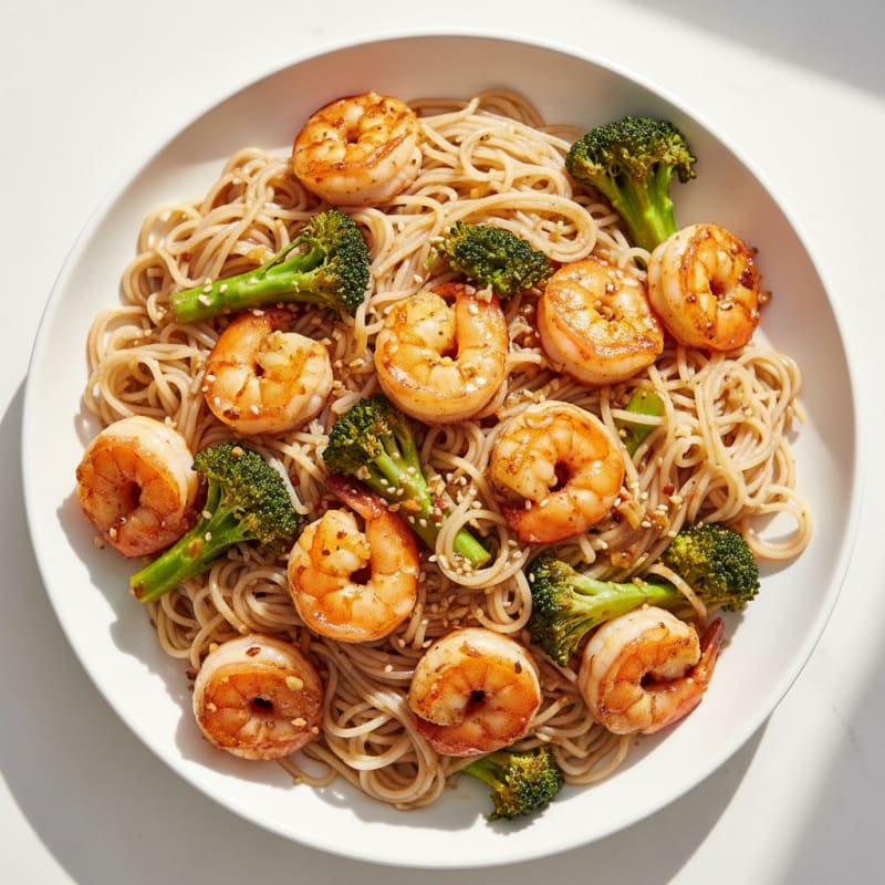 Garlic Shrimp Stir Fry with Rice Noodles and Broccoli