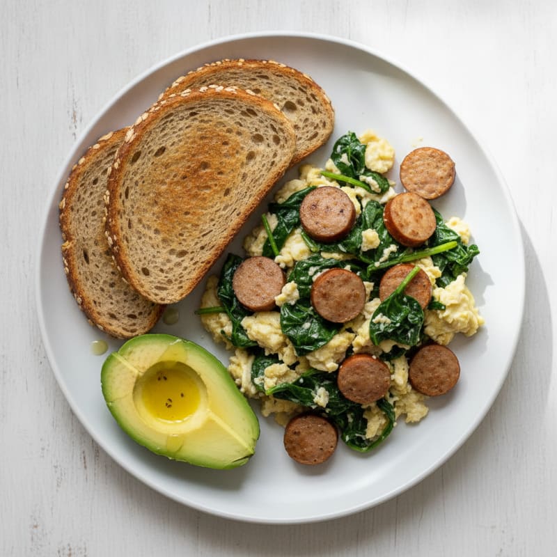 Egg White Spinach Scramble with Turkey Sausage