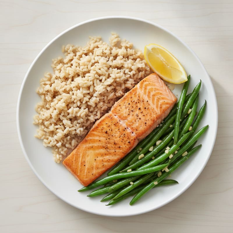 Seared Salmon Fillet with Garlic Green Beans and Brown Rice