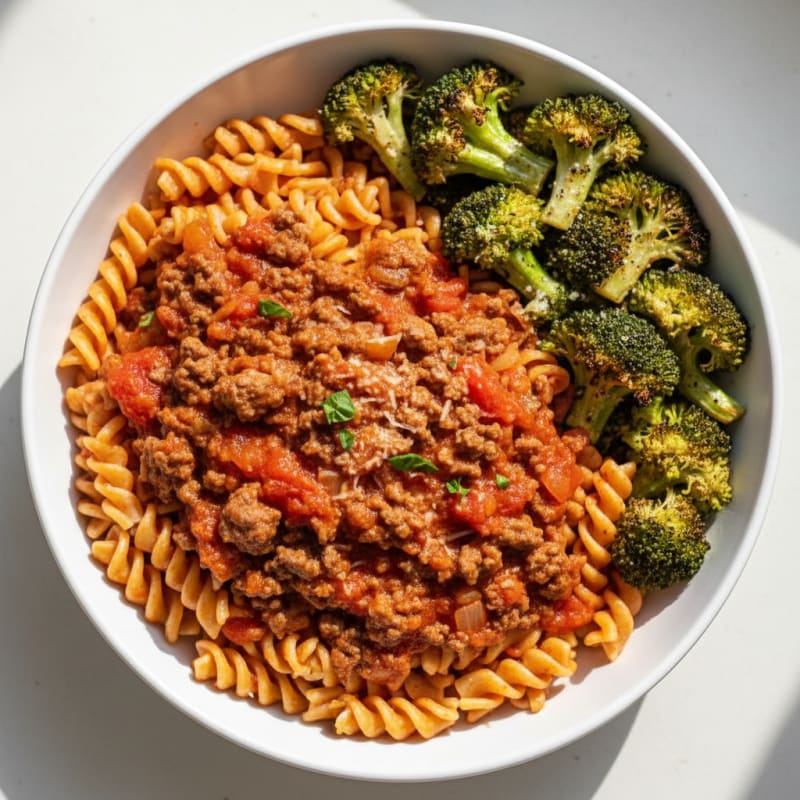 Lean Beef Bolognese with Roasted Broccoli