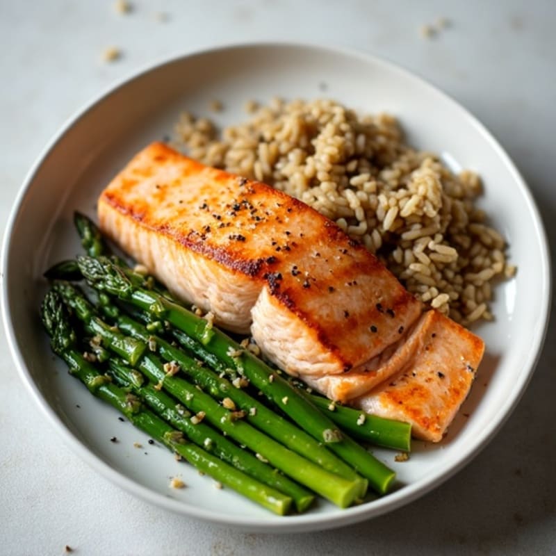 Seared Salmon Fillet with Steamed Asparagus and Brown Rice