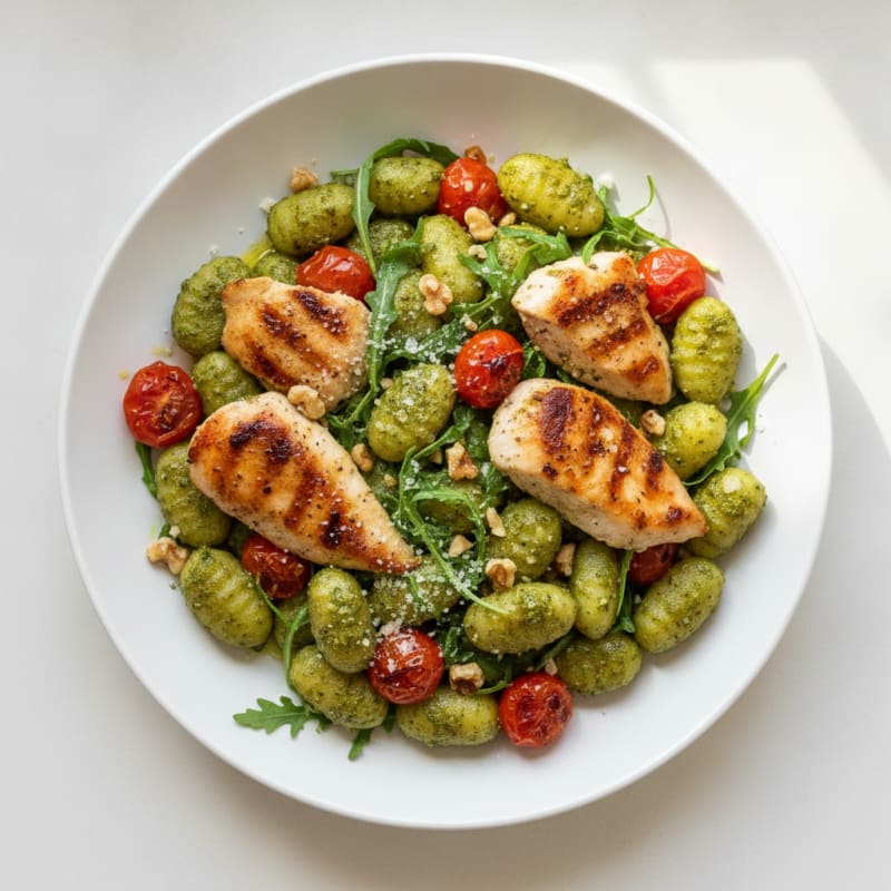 Gnocchi with Arugula Pesto and Cherry Tomatoes