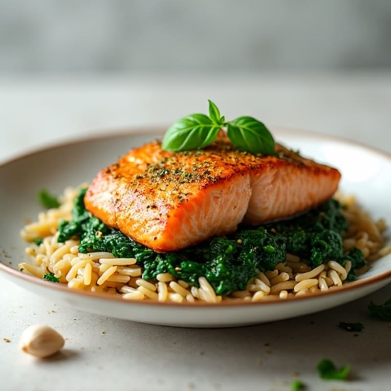 Pan-Seared Salmon with Garlic Spinach and Brown Rice Pasta