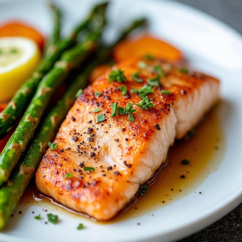 Seared Salmon with Roasted Sweet Potato and Asparagus