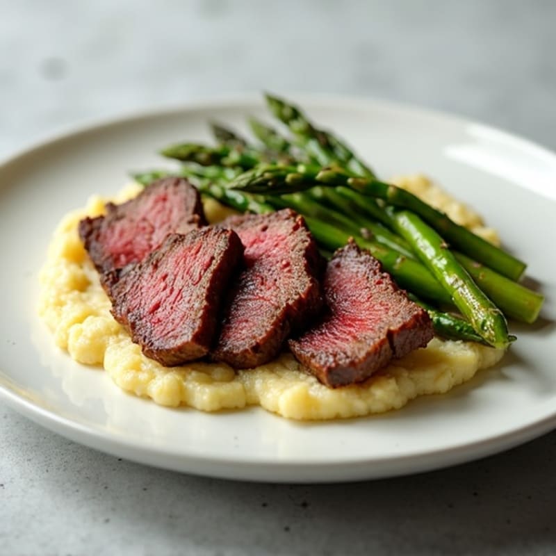 Seared Lean Beef Strips with Roasted Asparagus and Cauliflower Mash