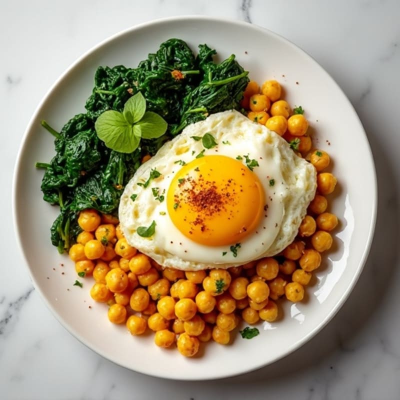 Spiced Egg White Scramble with Chickpeas and Sautéed Spinach