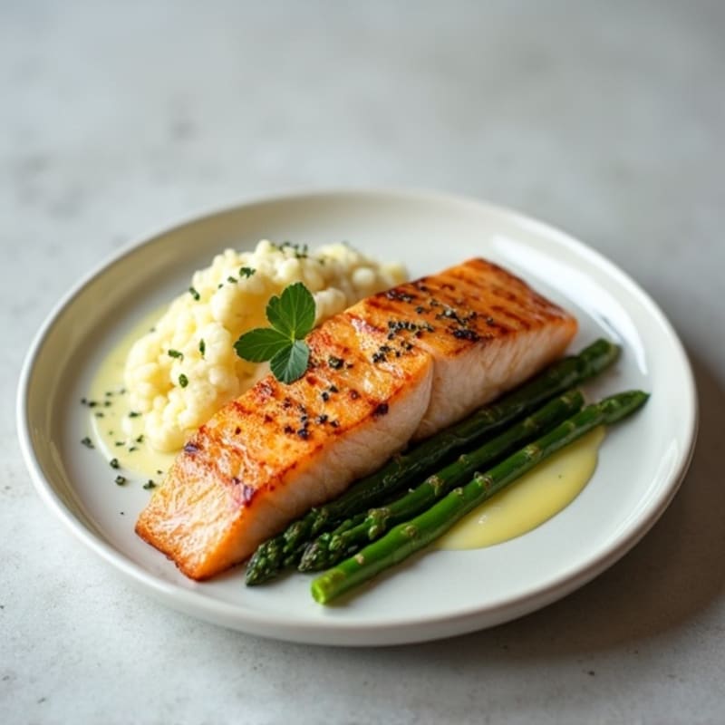 Seared Salmon Fillet with Steamed Asparagus and Cauliflower Mash
