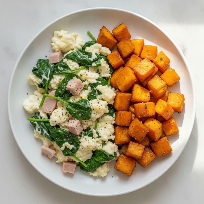 Egg White and Spinach Scramble with Roasted Sweet Potatoes
