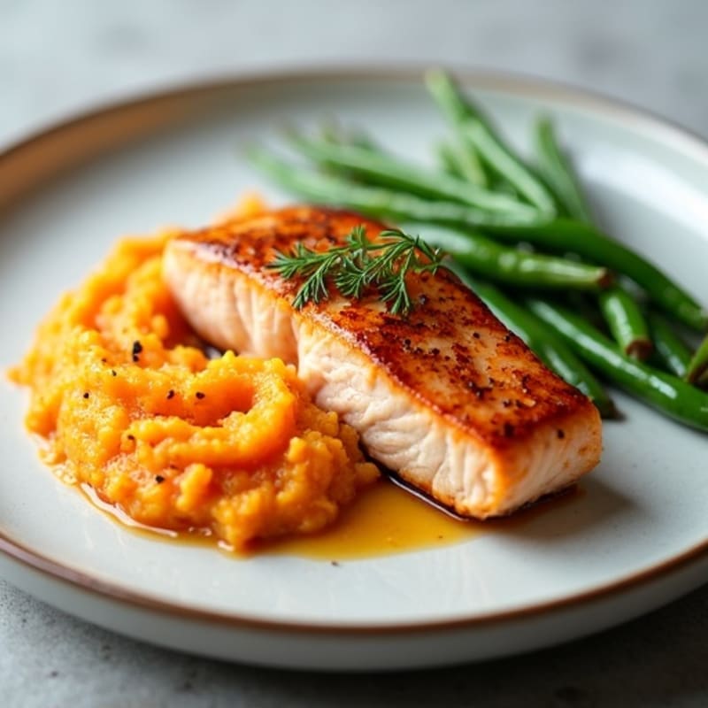 Seared Salmon with Steamed Green Beans and Mashed Sweet Potato