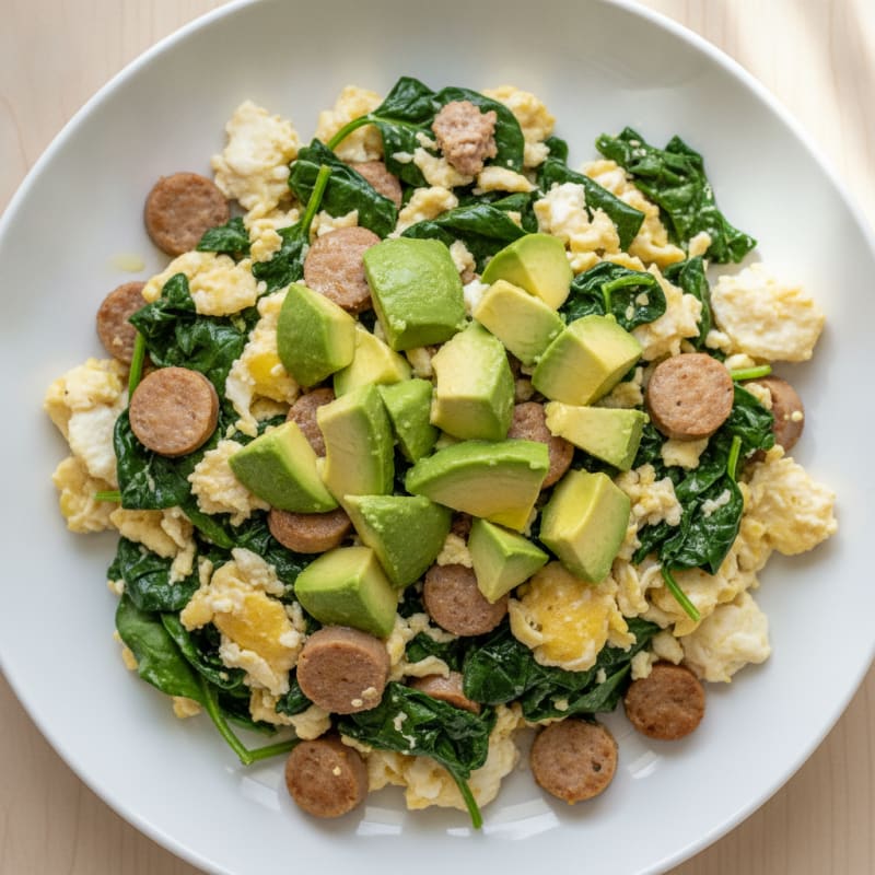 Egg White and Turkey Sausage Scramble with Sautéed Spinach