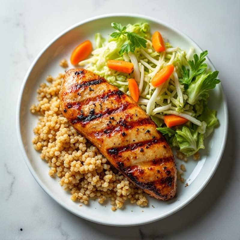 Grilled Chicken Breast with Crunchy Cabbage Slaw and Quinoa