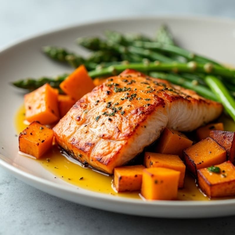 Seared Salmon with Roasted Sweet Potato and Asparagus